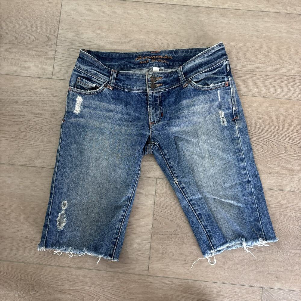 Abercrombie & Fitch Womens Low Rise Jean Shorts Y2K Long Bermuda Distress Denim
